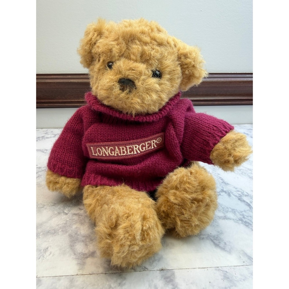 Longaberger Schubert Teddy Bear Russ Berrie Tan Plush Burgundy Sweater LE 713 8"